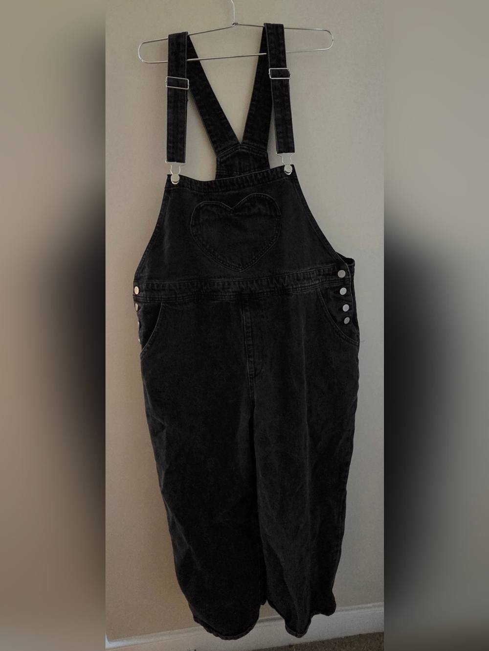 Black Denim Overalls with Heart Pocket Detail